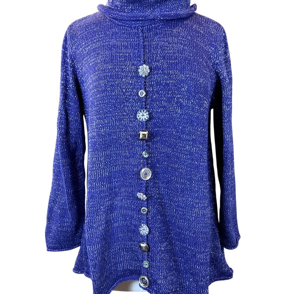 Soft Surroundings 3/4 Sleeve Navy Metallic Cowl Neck Button Front Sweater M/L